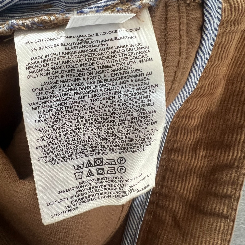 Brooks Brothers Brown Corduroy Pants Mens 40x30 Straight Classic Cotton Stretch - Picture 10 of 14